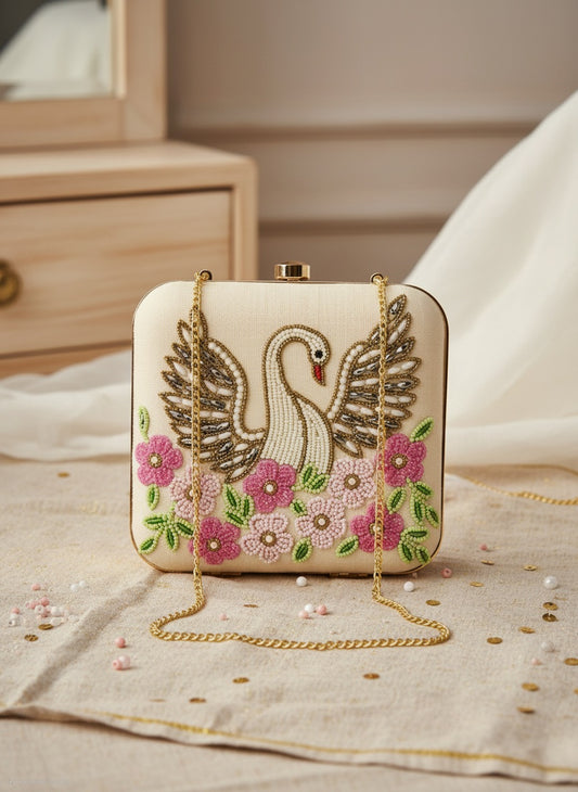 Beige Swan Box Clutch