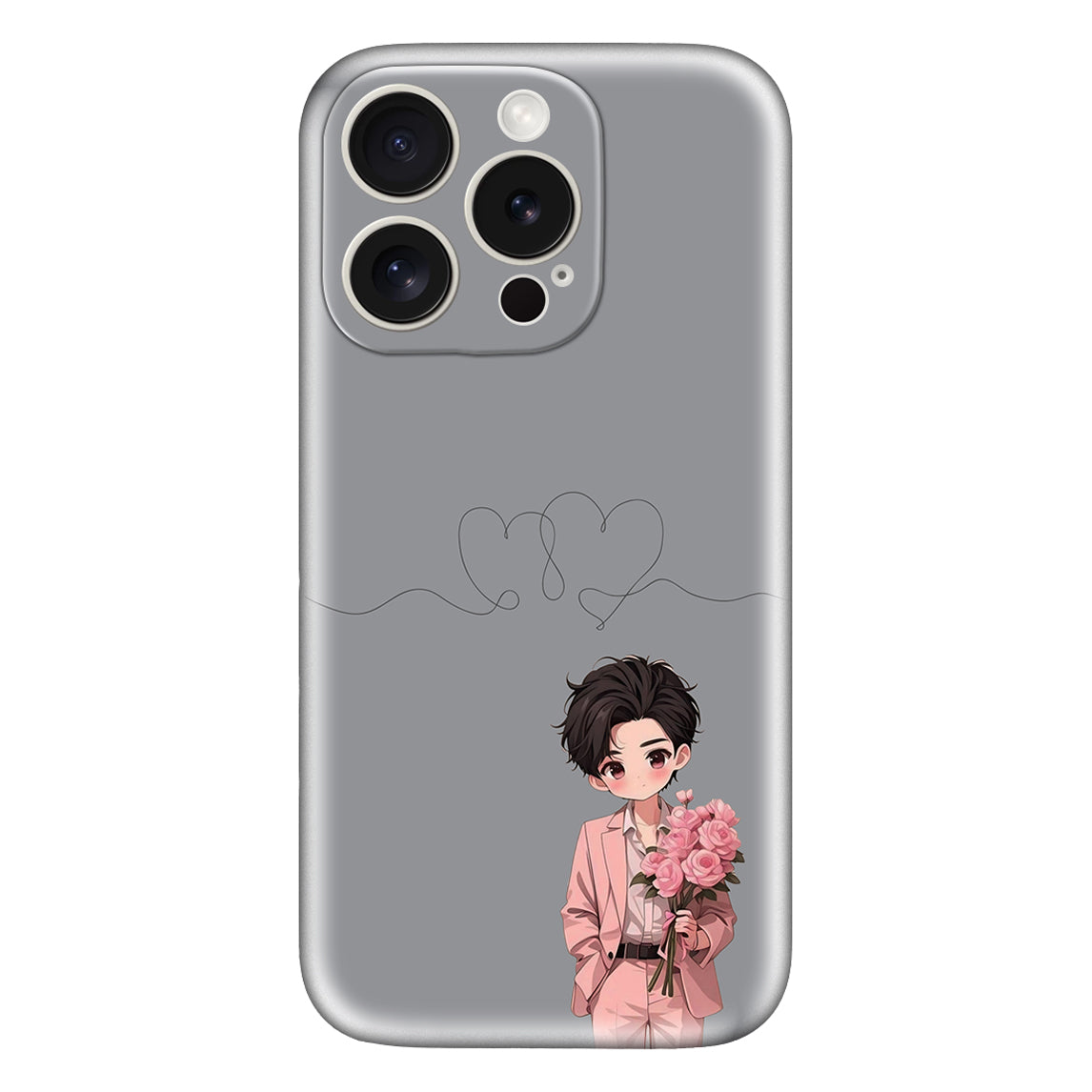 Cute Anime Boy Phone Case – Stylish Gray with Romantic Heart Design