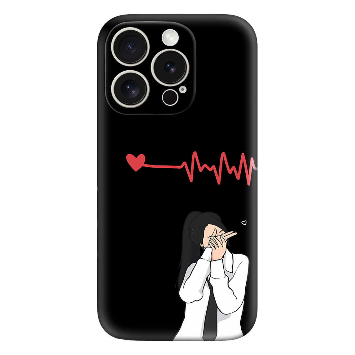 Trendy Black iPhone Case with Heartbeat & Shy Girl Design