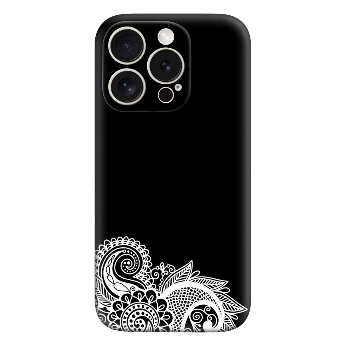Elegant Black Phone Case with White Mandala Floral Design