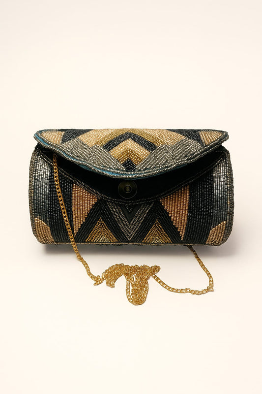 Gold & Black Flap Clutch with Paisley Motifs