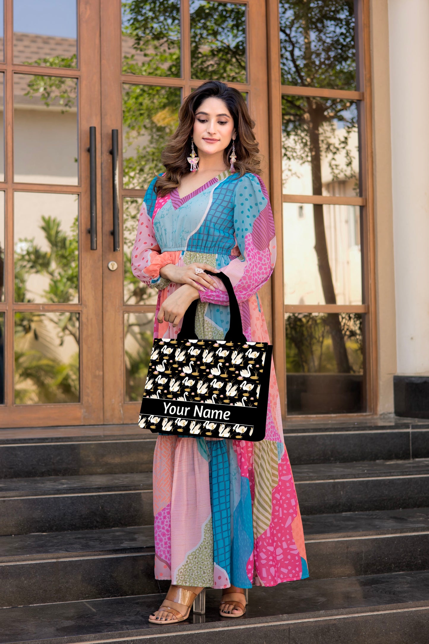 Customized Floral Swan Embossed Tote Bag