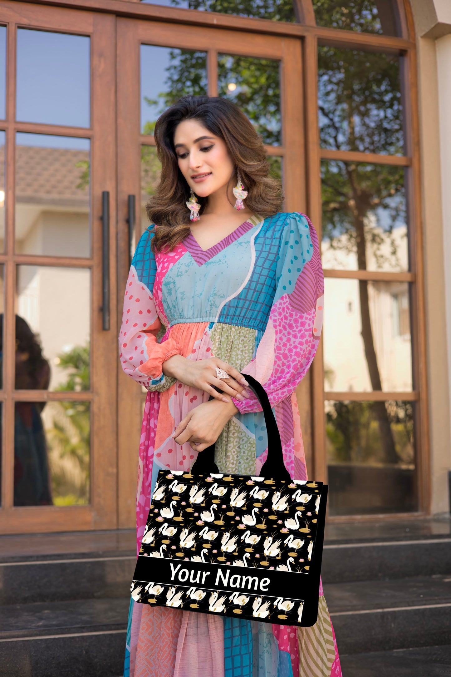 Customized Floral Swan Embossed Tote Bag