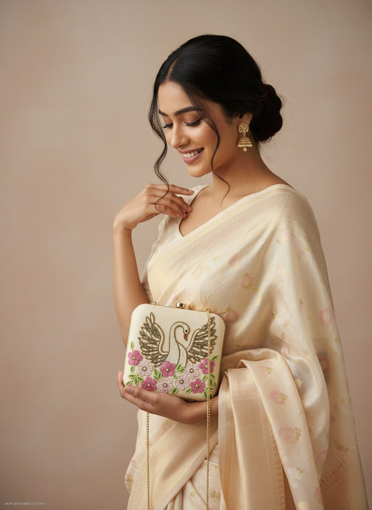 Beige Swan Box Clutch