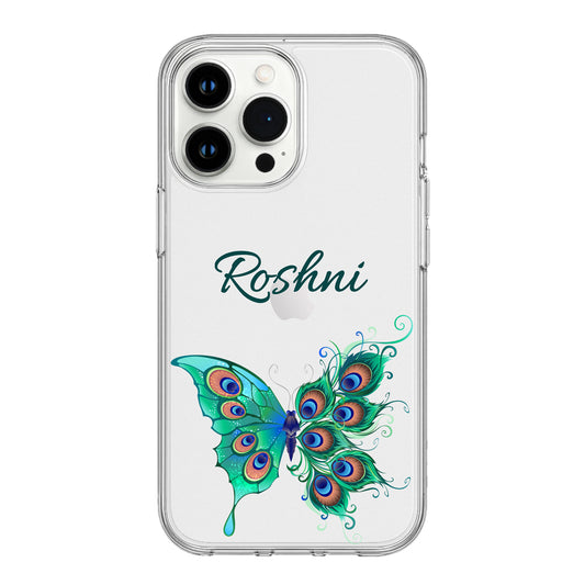 Custom Peacock-Butterfly Clear Phone Case – Name Edition