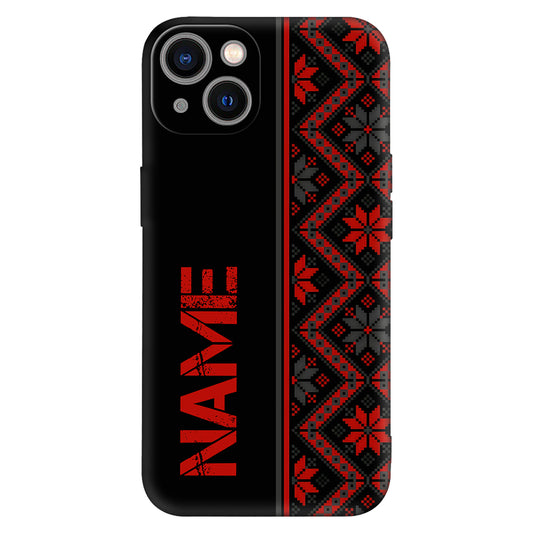 Nordic Edge: Custom Name Case with Red Pixel Knit Pattern
