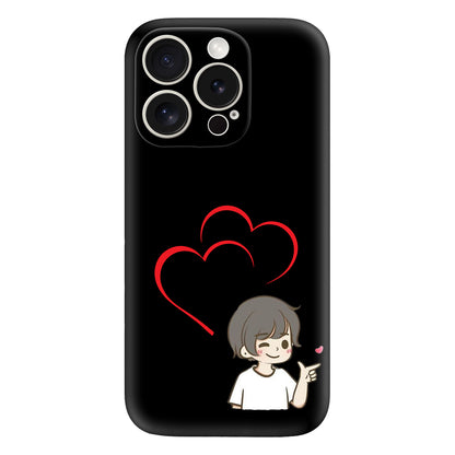 Cute Anime Boy Phone Case – Black Aesthetic & Romantic Heart Design