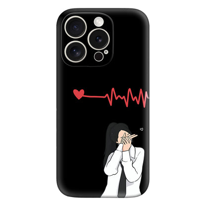 Trendy Black iPhone Case with Heartbeat & Shy Girl Design