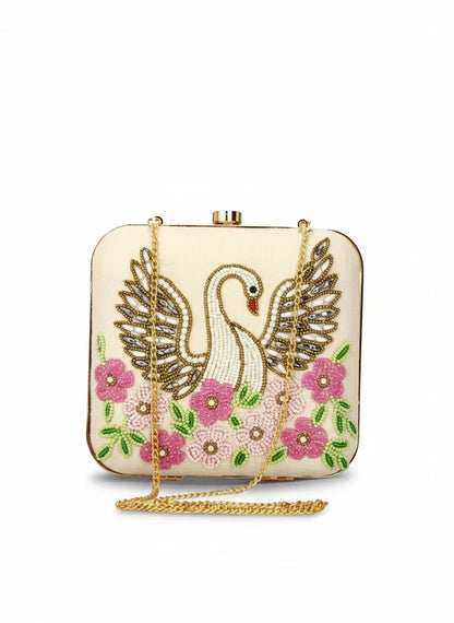 Beige Swan Box Clutch